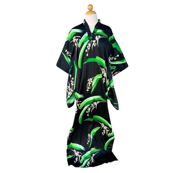 VTG Andrade Honolulu Polynesian Kimono Style Caftan Black Green Floral Size 12 - Picture 1 of 13